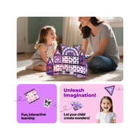 Mother and child build a purple Kuromi magnetic tile castle next to interactive learning infographics.
