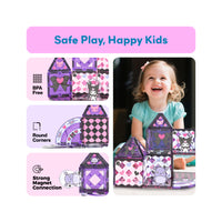 Girl building a Kuromi magnetic castle next to BPA-free, round corners, and strong magnet connection icons.
