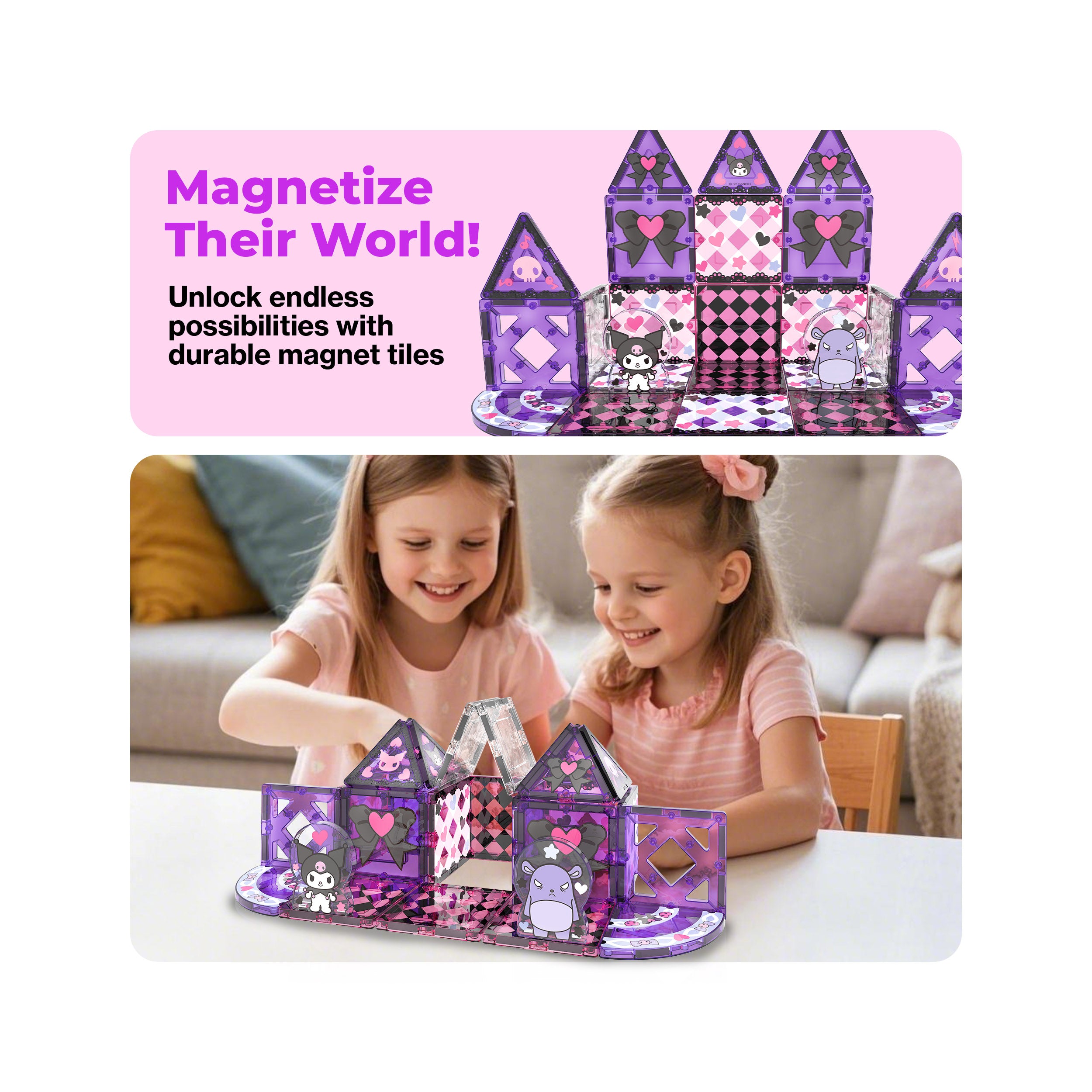 Girl building a Kuromi magnetic castle next to BPA-free, round corners, and strong magnet connection icons.