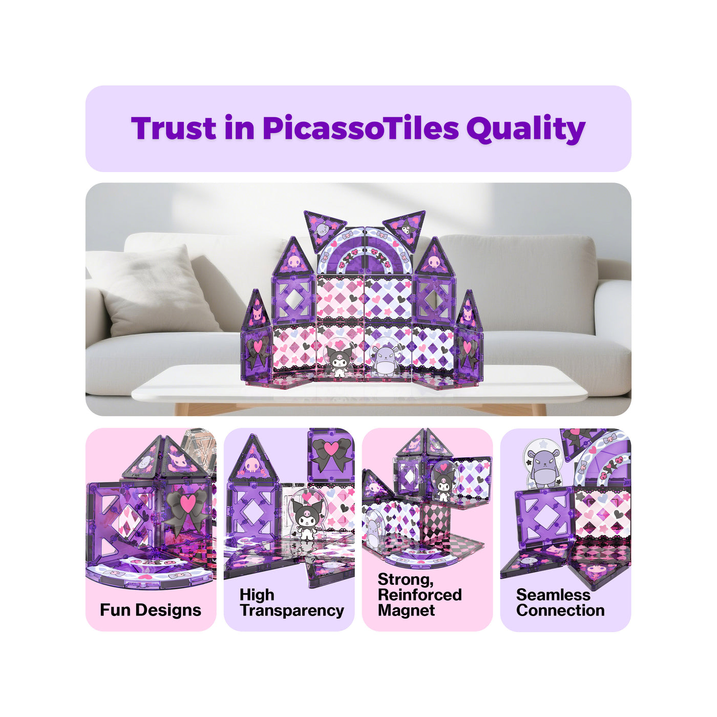 Kuromi magnetic tile castle infographic highlighting designs, transparency, strong magnets, and seamless connection.