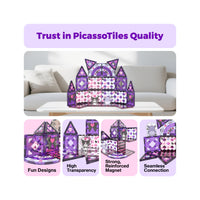 Kuromi magnetic tile castle infographic highlighting designs, transparency, strong magnets, and seamless connection.