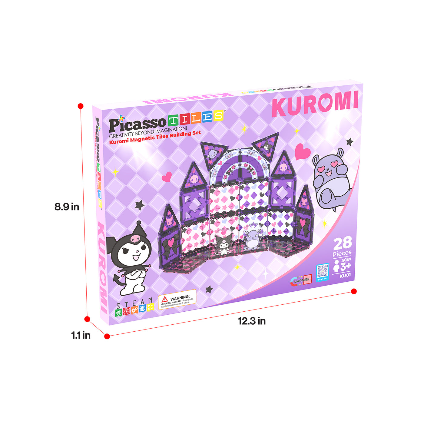 PicassoTiles Kuromi magnetic tile box with dimensions: 12.3 in long, 8.9 in high, and 1.1 in wide.