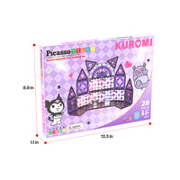 PicassoTiles Kuromi magnetic tile box with dimensions: 12.3 in long, 8.9 in high, and 1.1 in wide.