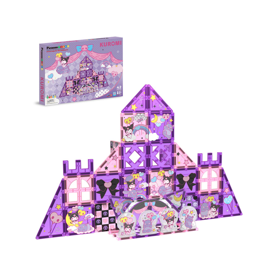 Kuromi PicassoTiles box next to a large assembled purple magnetic tile castle featuring Sanrio character designs.