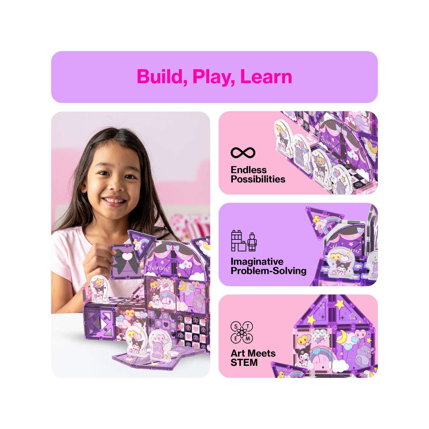 Young girl building with purple Kuromi magnetic tiles next to STEM and creative learning infographics under a purple banner.