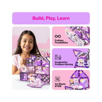 Young girl building with purple Kuromi magnetic tiles next to STEM and creative learning infographics under a purple banner.