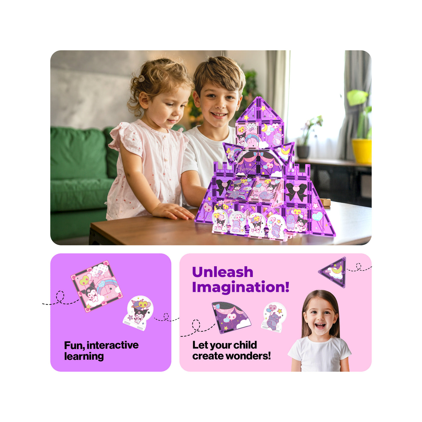 Boy and girl build a purple Kuromi magnetic tile castle next to interactive learning infographics.