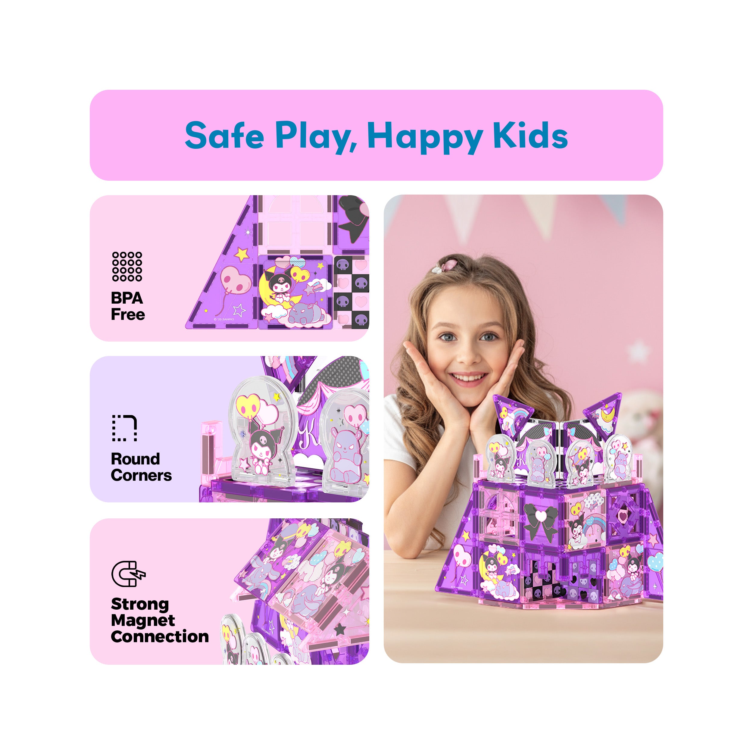 Smiling girl with a purple Kuromi magnetic castle next to BPA-free, round corners, and strong magnet connection icons.