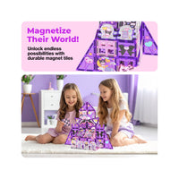 Two girls building a purple Kuromi magnetic tile castle under a pink banner reading "Magnetize Their World!".