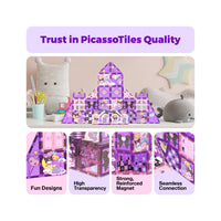 Kuromi magnetic tile castle infographic highlighting fun designs, high transparency, strong magnets, and seamless connection.