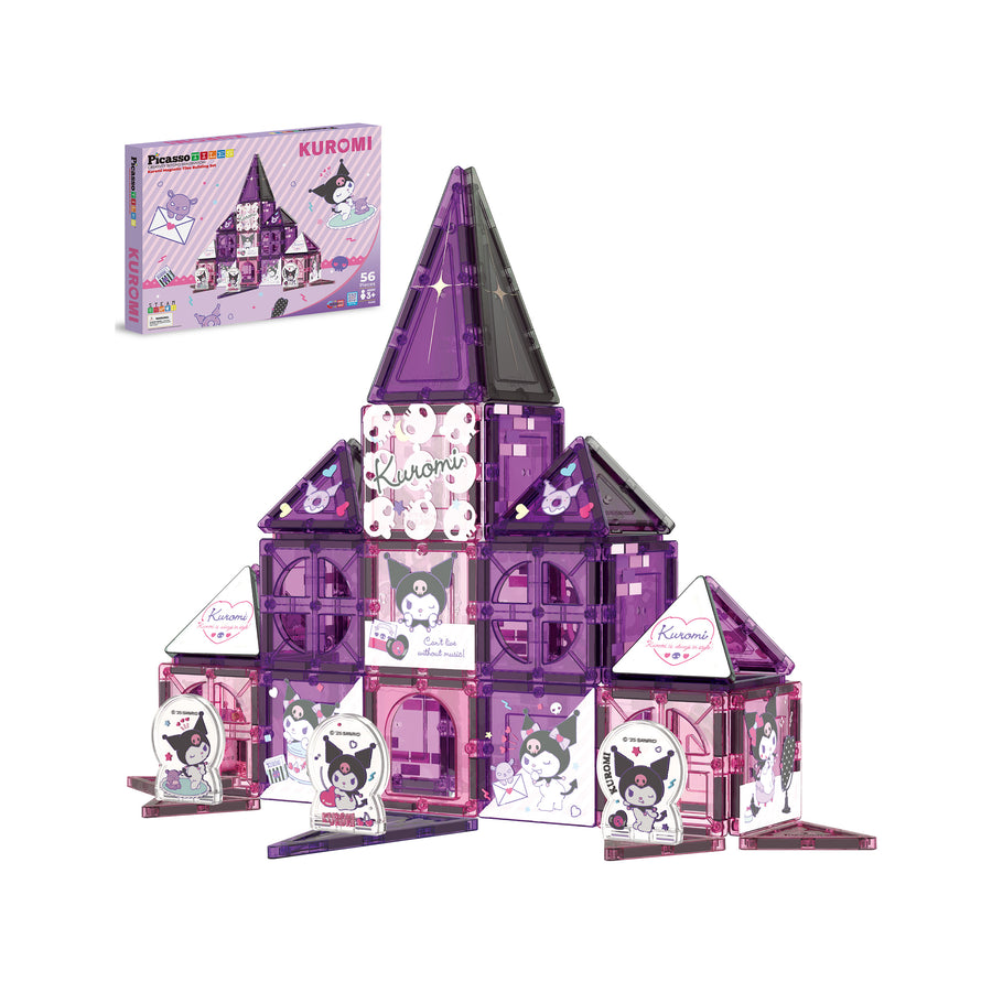 Kuromi PicassoTiles box next to a large assembled purple and pink magnetic tile castle featuring Sanrio character designs.