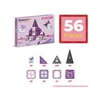 Kuromi magnetic tiles 56-piece box, large count graphic, and illustrations of 8 individual tile shapes with quantities below.