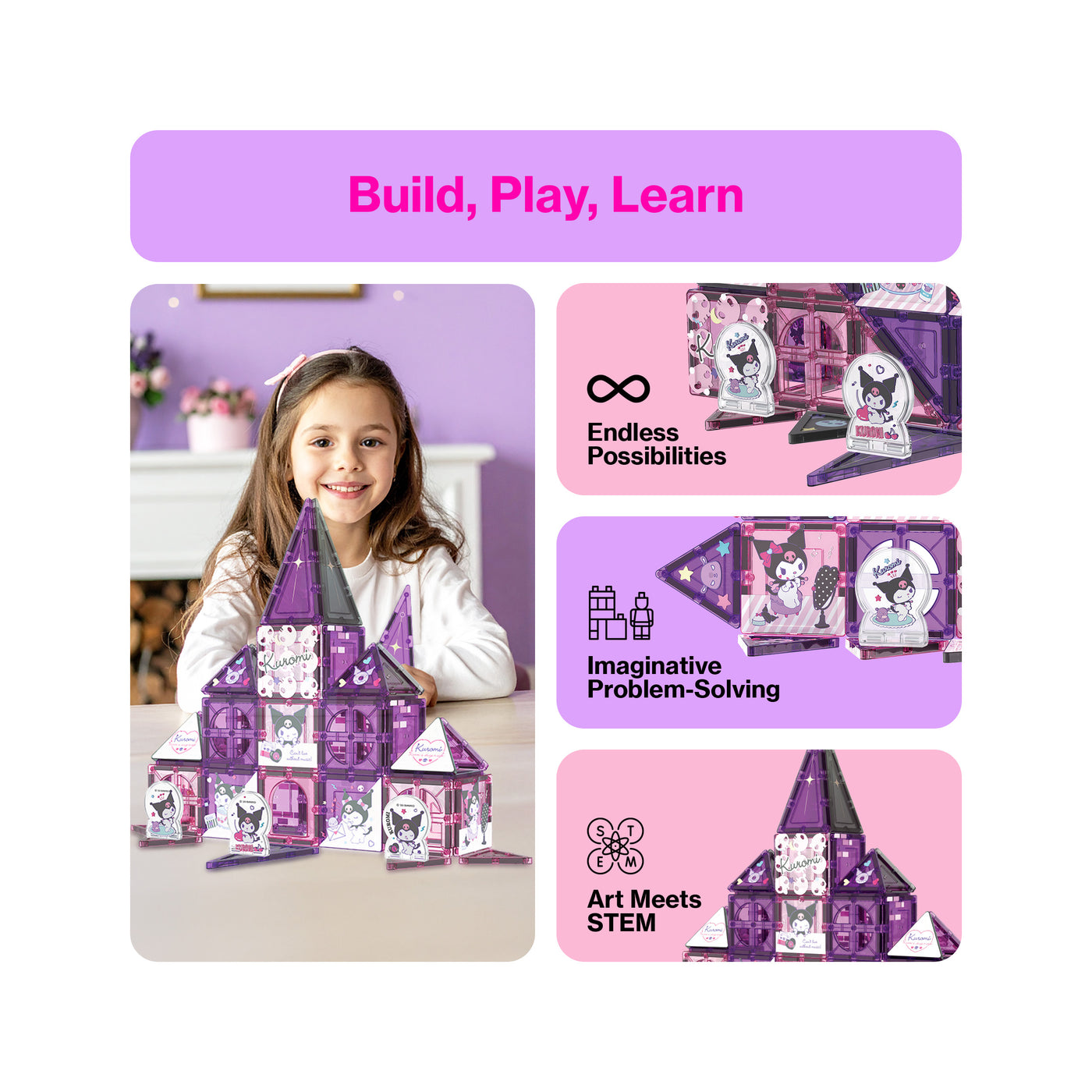 Smiling girl with a purple Kuromi magnetic tile castle next to STEM learning infographics.