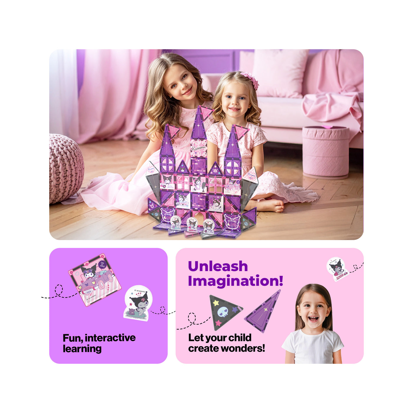 Two girls playing with a purple Kuromi magnetic tile castle next to creative learning infographics.