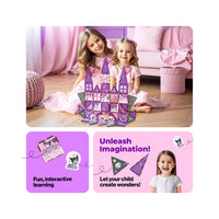 Two girls playing with a purple Kuromi magnetic tile castle next to creative learning infographics.
