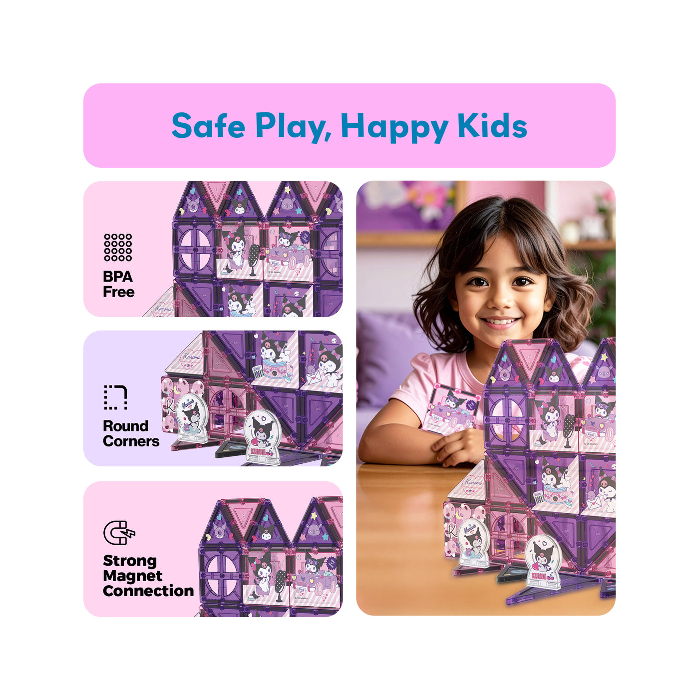 Smiling girl with a purple Kuromi magnetic tile castle next to BPA-free, round corner, and strong magnet icons.