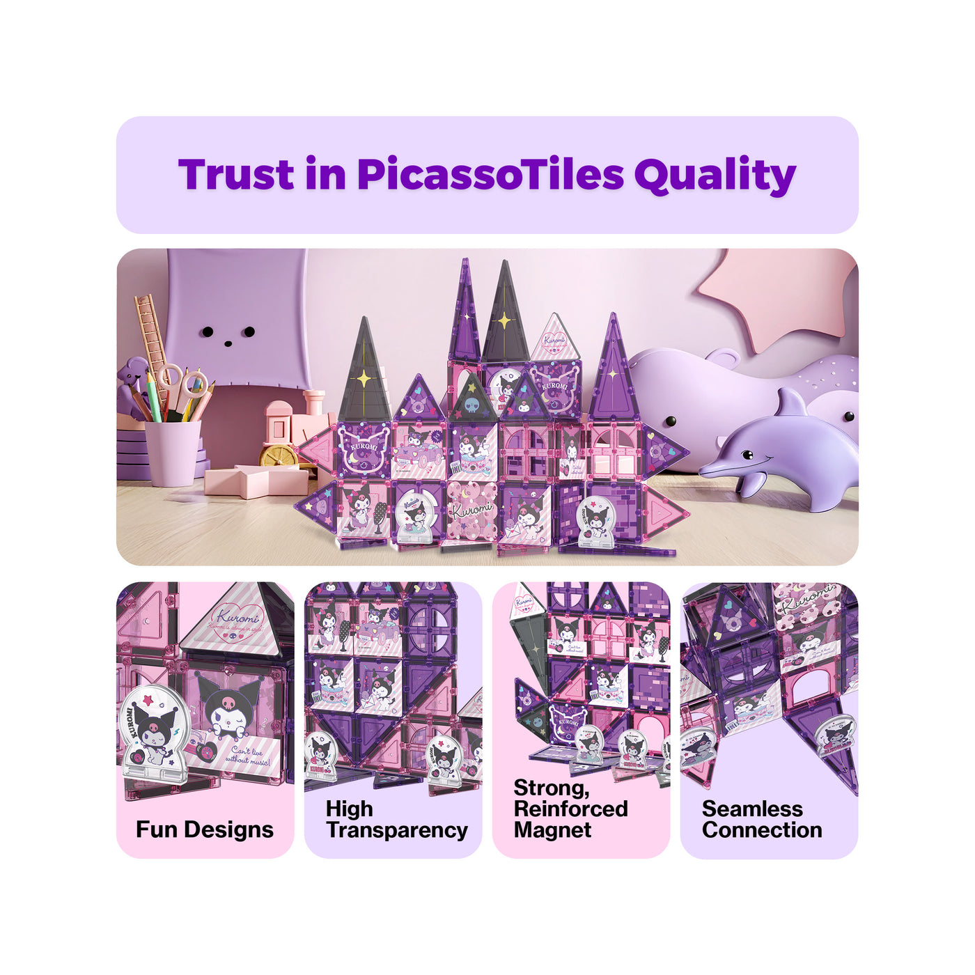Kuromi magnetic castle infographic highlighting fun designs, transparency, strong magnets, and seamless connection.