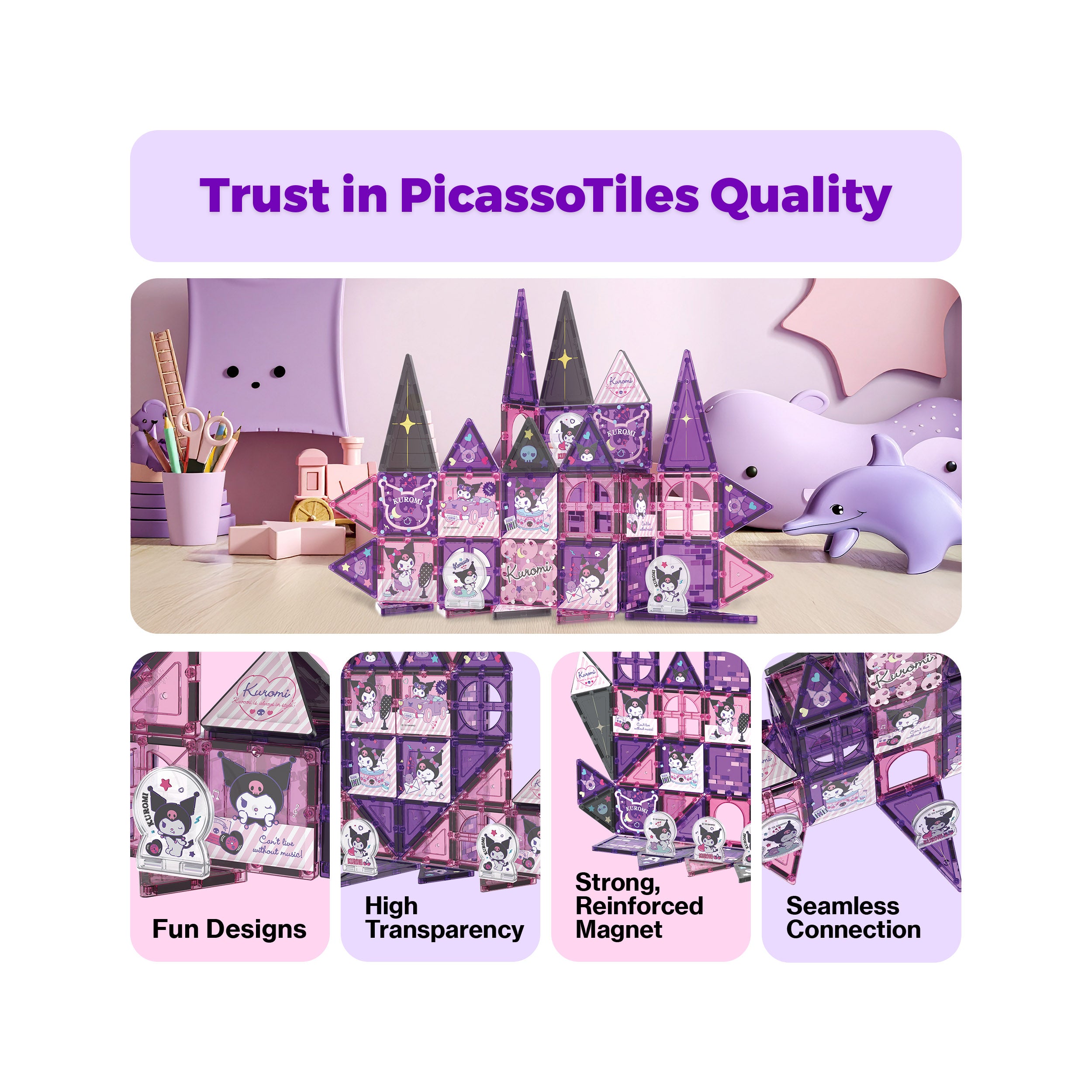 Kuromi magnetic castle infographic highlighting fun designs, transparency, strong magnets, and seamless connection.