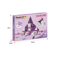 PicassoTiles Kuromi 56-piece box with dimensions: 12.3 in long, 9.1 in high, and 1.25 in wide.