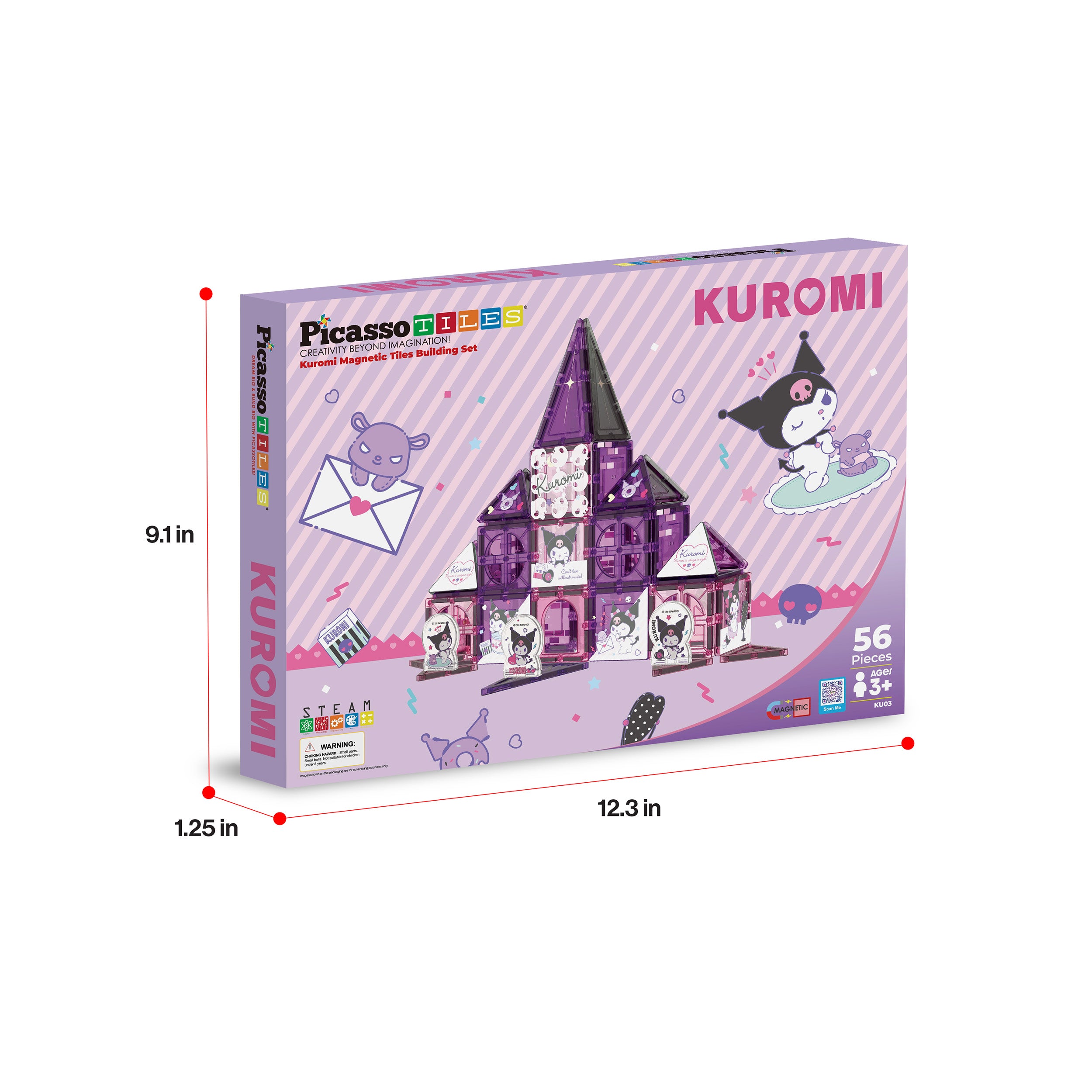 PicassoTiles Kuromi 56-piece box with dimensions: 12.3 in long, 9.1 in high, and 1.25 in wide.