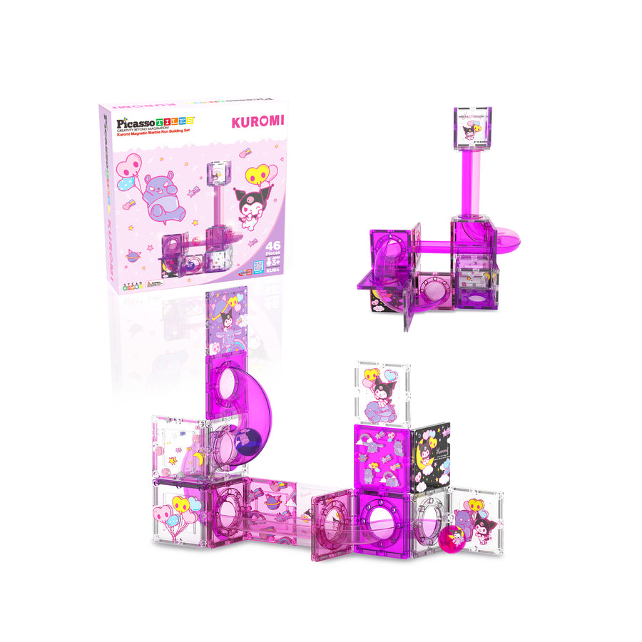 Kuromi 46-piece magnetic marble run box and assembled purple slide toy structures.