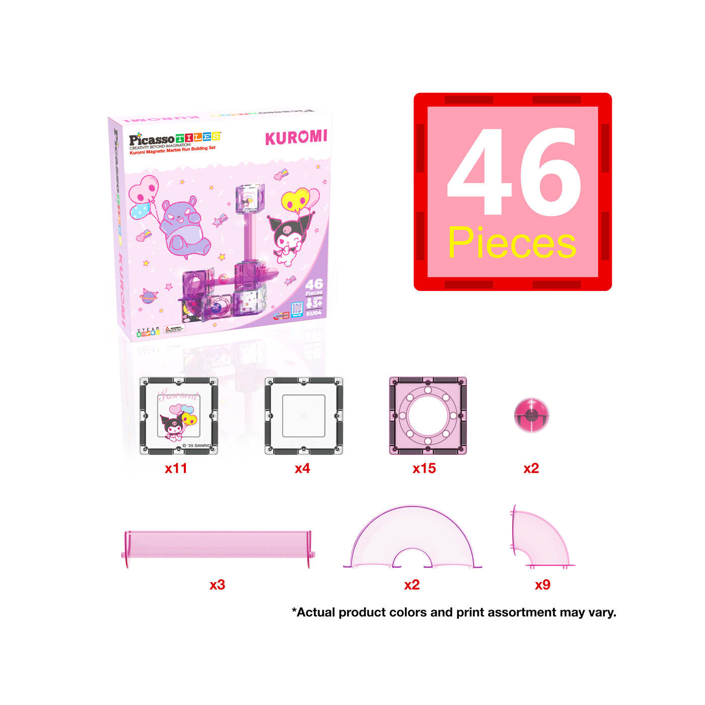 Kuromi 46-piece magnetic marble run box and individual track tile breakdown with quantities.
