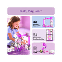 Smiling girl playing with a purple Kuromi magnetic marble run next to STEM learning infographics.