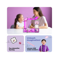 Woman and girl with a Kuromi magnetic marble run next to creative learning infographics.