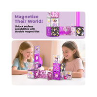 Two girls with a purple Kuromi magnetic marble run under a "Magnetize Their World!" banner.