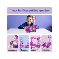 Smiling boy with a Kuromi marble run infographic highlighting fun designs, transparency, strong magnets, and connection.