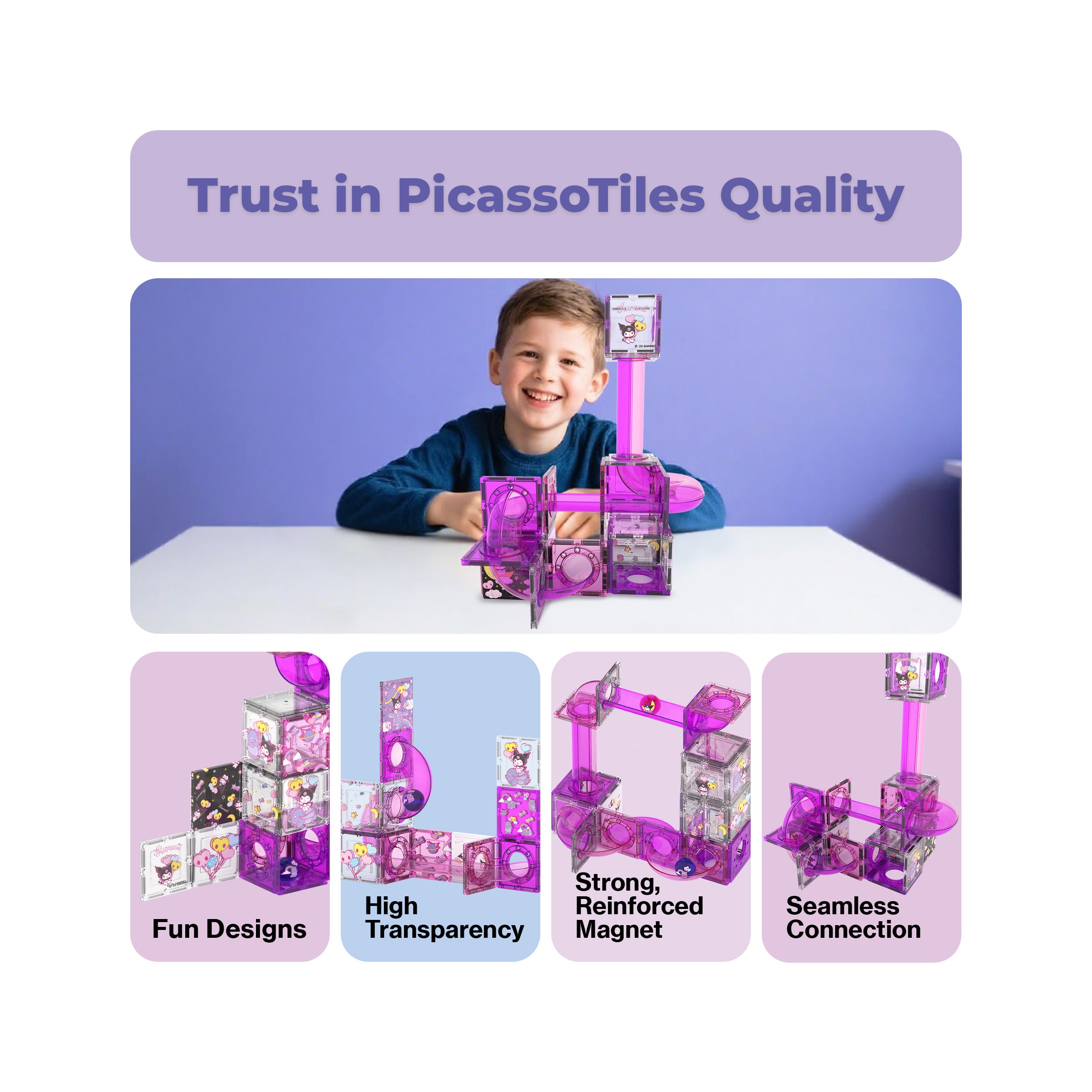 Smiling boy with a Kuromi marble run infographic highlighting fun designs, transparency, strong magnets, and connection.