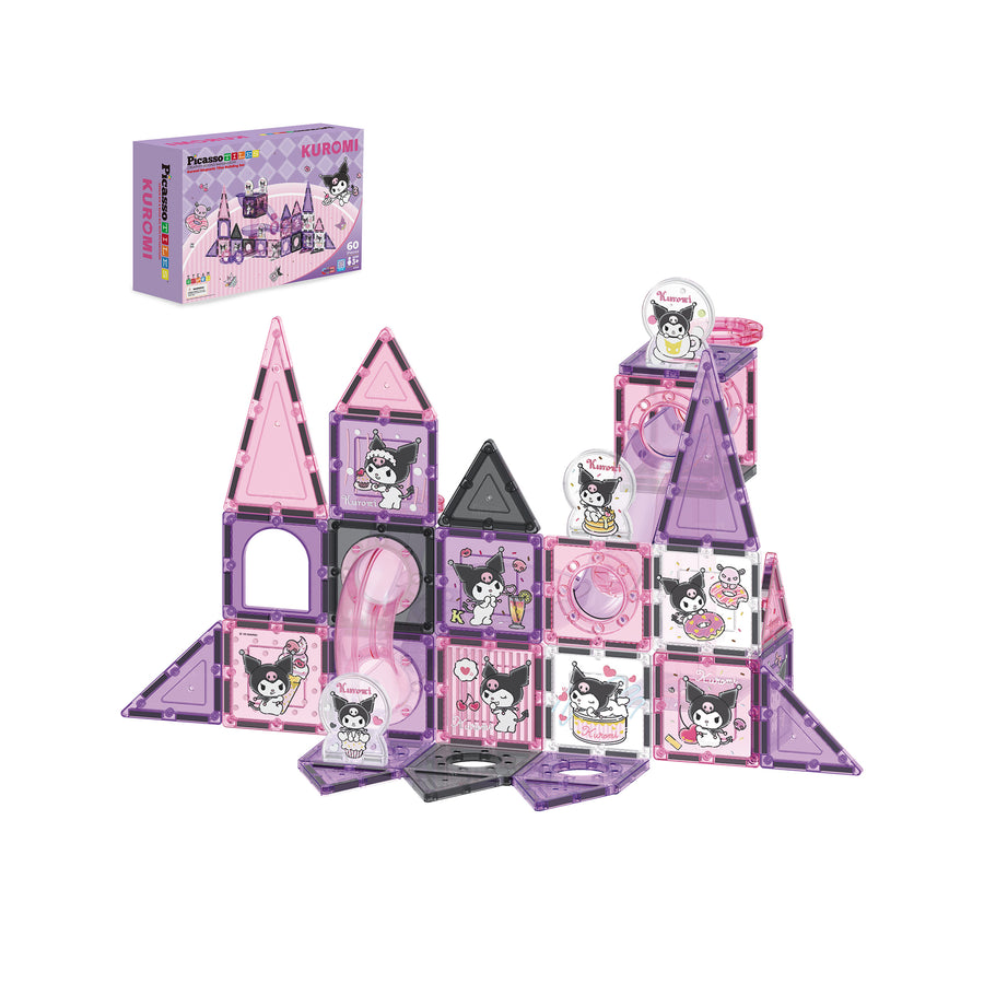 Assembled purple and pink Kuromi magnetic tile castle with a slide, shown next to its packaging box.