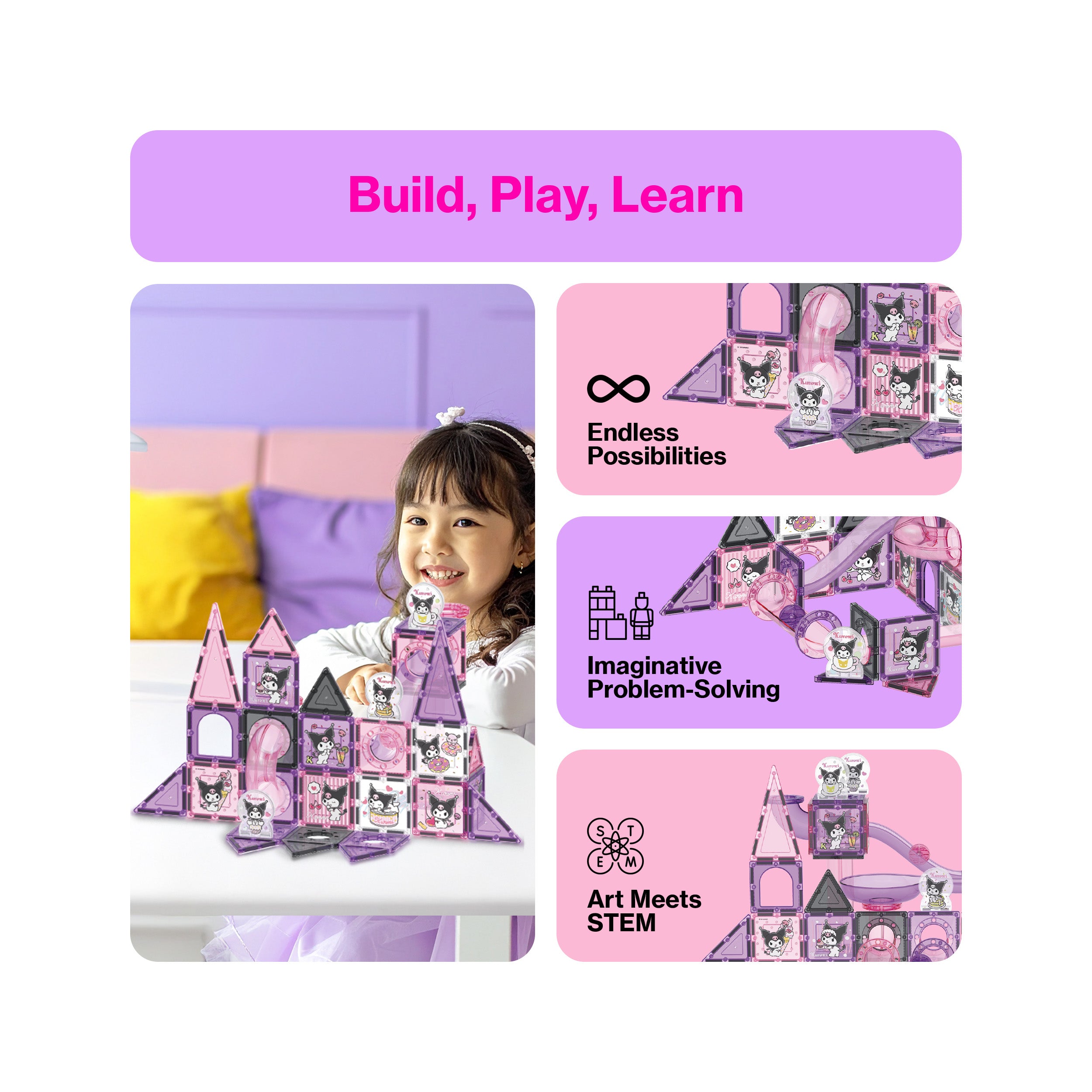 Smiling girl with a pink and purple Kuromi magnetic tile slide toy next to STEM learning infographics.