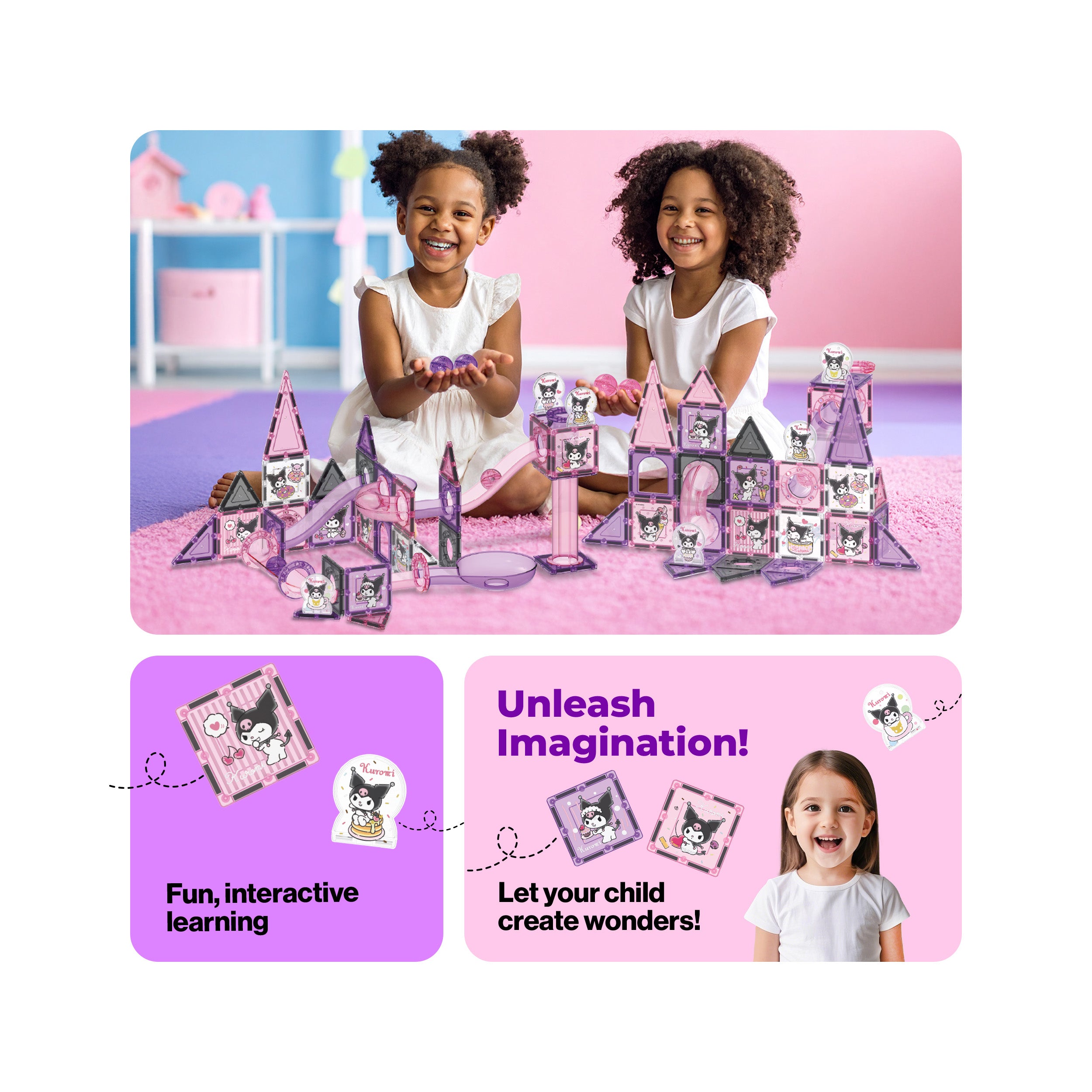 Two girls playing with a purple Kuromi magnetic tile castle next to creative learning infographics.