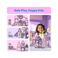 Smiling girl with a pink and purple Kuromi magnetic tile slide toy next to BPA-free, round corner, and strong magnet icons.