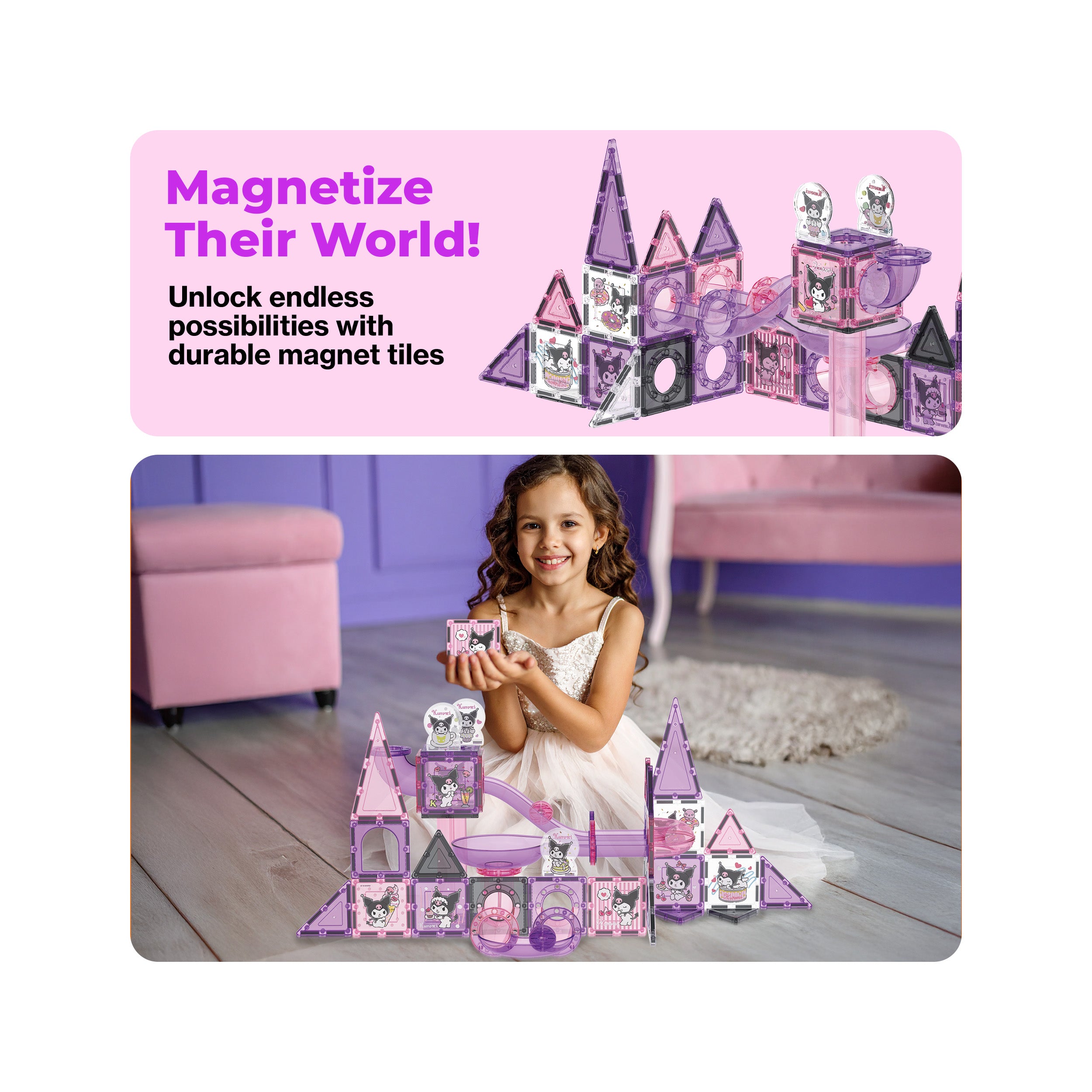 Smiling girl with a pink and purple Kuromi magnetic tile slide toy under a "Magnetize Their World!" banner.