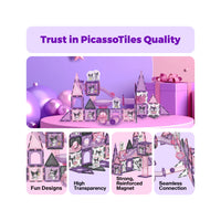 Kuromi magnetic tile slide toy infographic highlighting fun designs, transparency, strong magnets, and seamless connection.