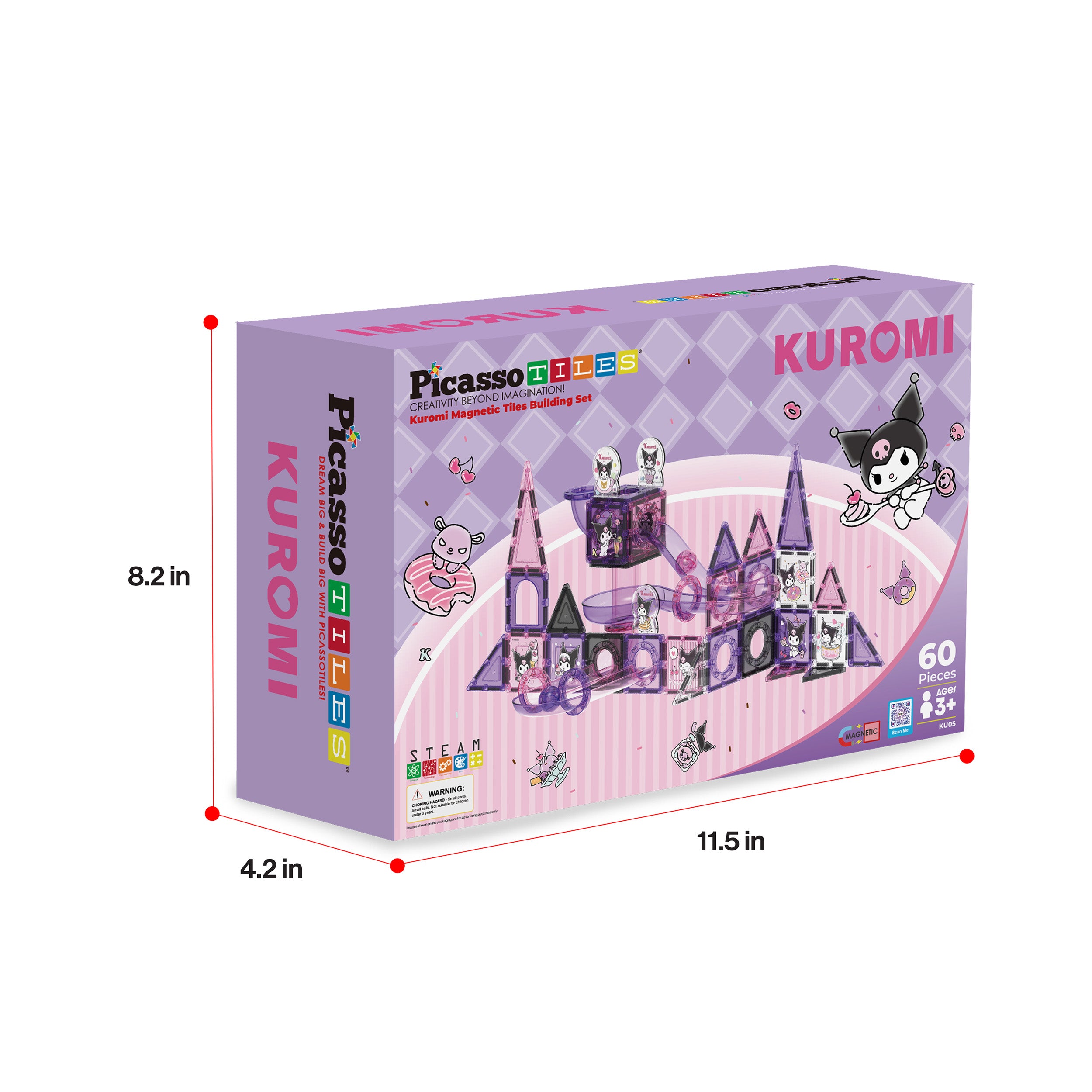 Kuromi Sets: 56pc Castle (classic tiles), 46pc Marble Run (tubes/funnels), 60pc Hybrid (castle with tracks).
