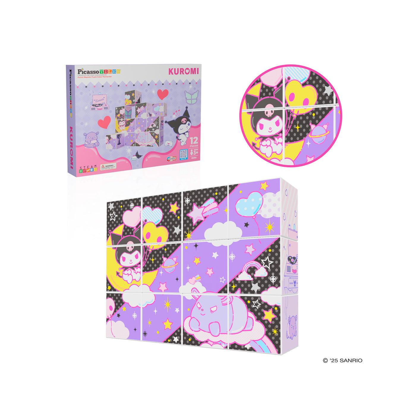 Kuromi 12pc Magnetic Cubes: Six-sided picture puzzle blocks featuring cute purple and black pastel character scenes.