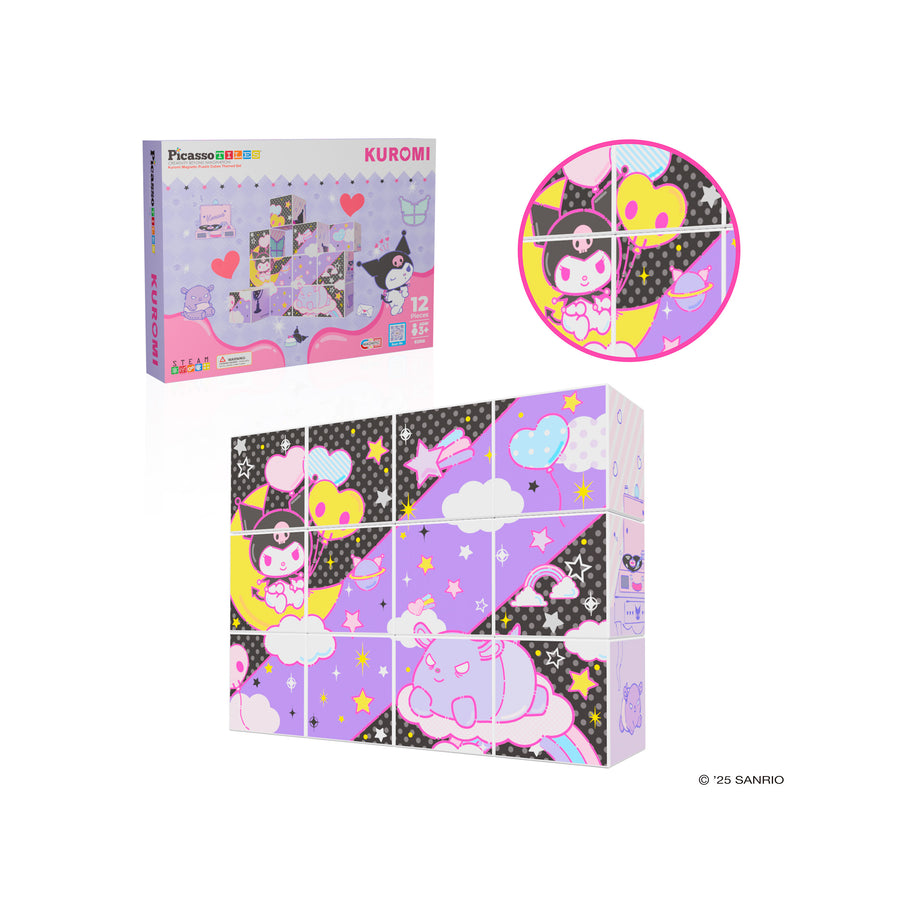 Kuromi 12pc Magnetic Cubes: Six-sided picture puzzle blocks featuring cute purple and black pastel character scenes.