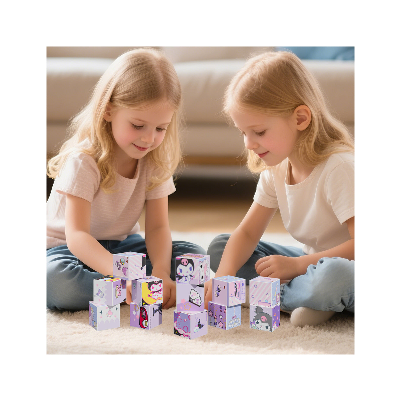Two girls on a rug playing with and stacking the 12-piece Kuromi magnetic puzzle cubes.