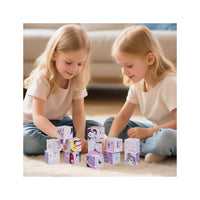 Two girls on a rug playing with and stacking the 12-piece Kuromi magnetic puzzle cubes.