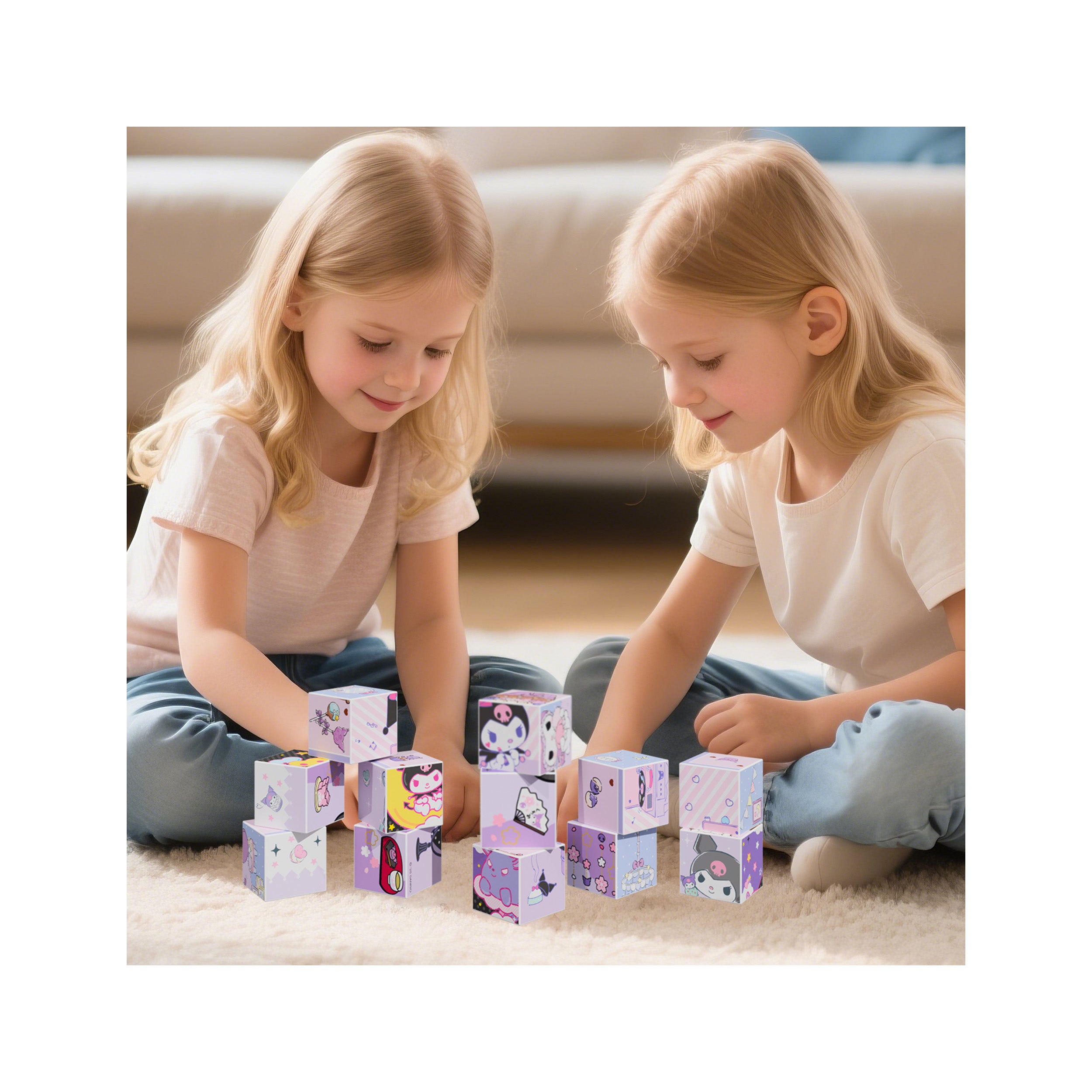 Two girls on a rug playing with and stacking the 12-piece Kuromi magnetic puzzle cubes.
