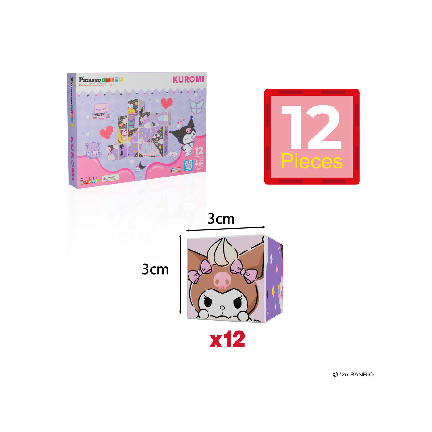 Kuromi 12pc Magnetic Cubes: 12 puzzle blocks, each measuring 3cm x 3cm, forming six-sided pastel character scenes.