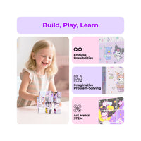 Kuromi 12pc Cubes: Smiling girl stacking puzzle blocks next to creative STEM and problem-solving infographics.