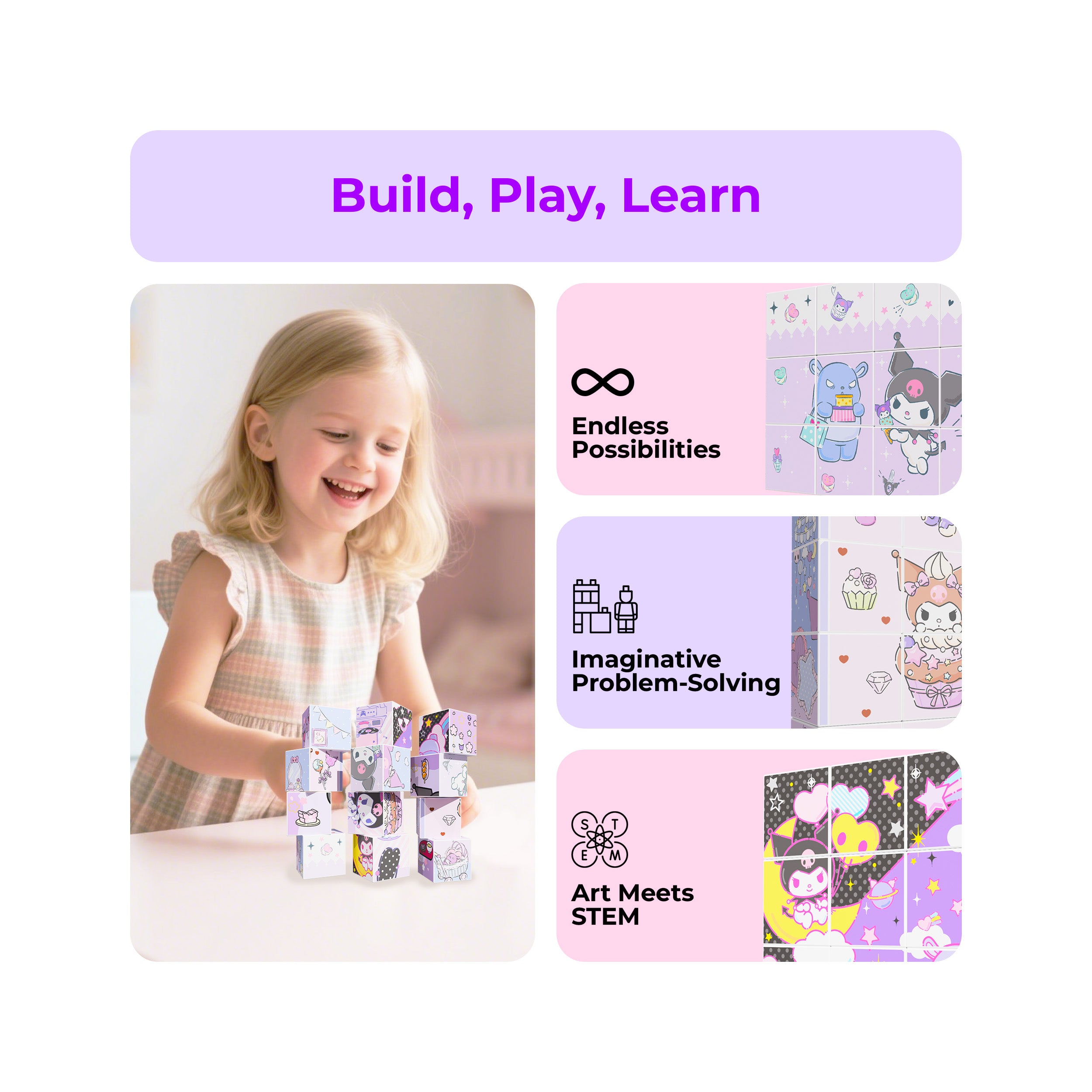 Kuromi 12pc Cubes: Smiling girl stacking puzzle blocks next to creative STEM and problem-solving infographics.