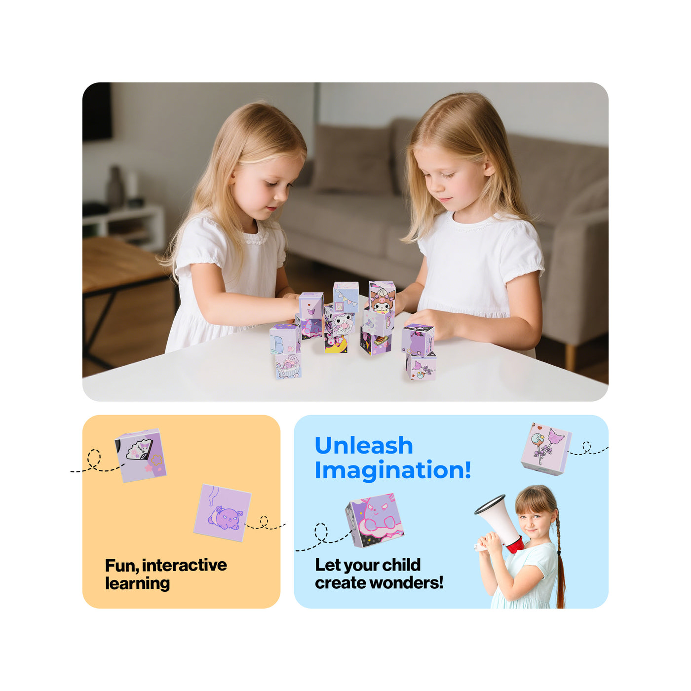 Two girls stacking Kuromi magnetic cubes next to infographics emphasizing imagination and interactive play.