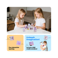 Two girls stacking Kuromi magnetic cubes next to infographics emphasizing imagination and interactive play.