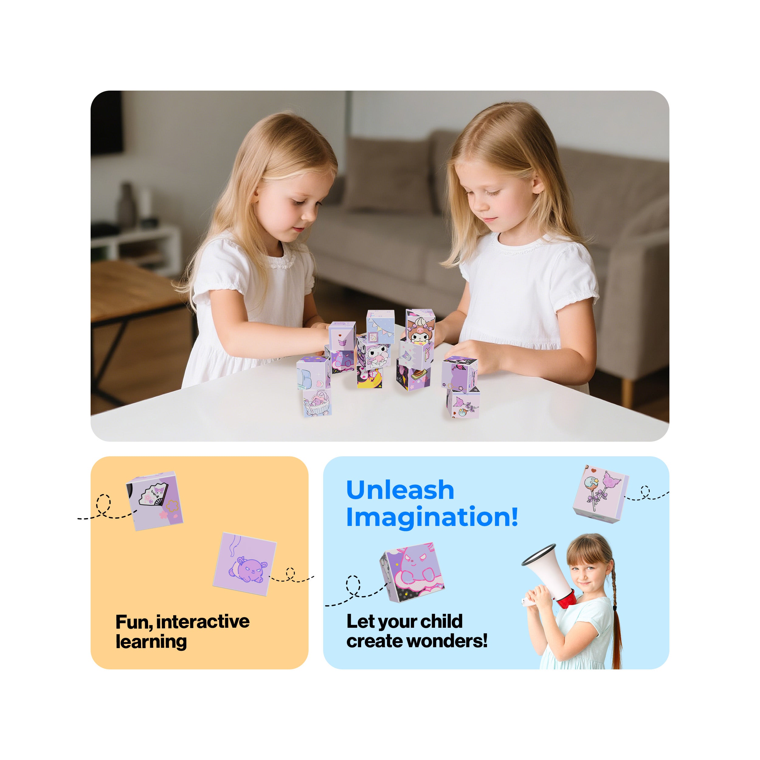 Two girls stacking Kuromi magnetic cubes next to infographics emphasizing imagination and interactive play.