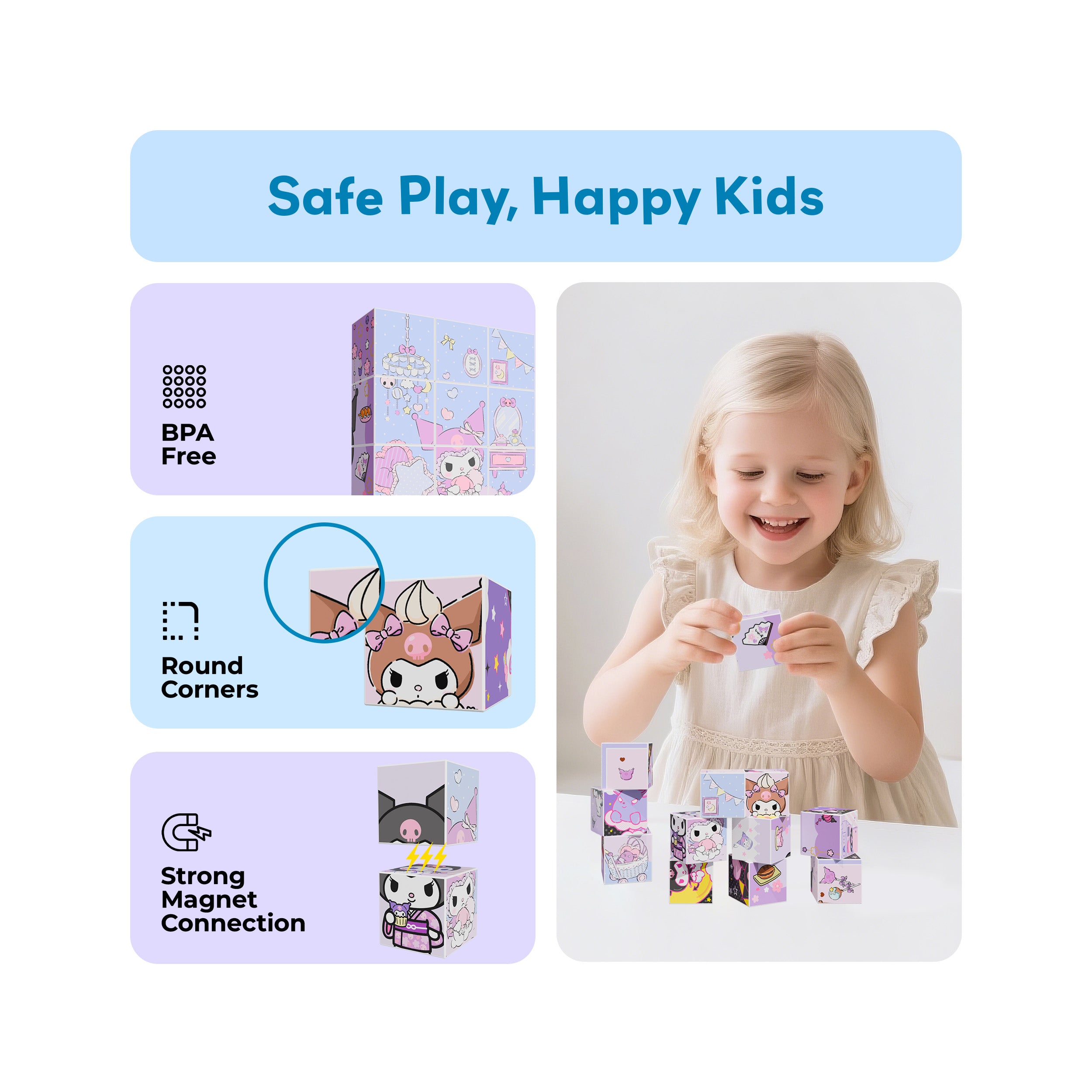 Smiling girl with Kuromi magnetic cubes next to BPA-free, round corner, and strong magnet connection safety icons.
